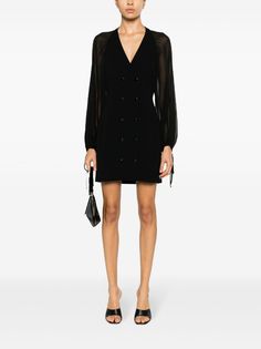 FRAME Crepe De Chine Blazer Minidress - Farfetch Chic Outerwear With Sheer Long Sleeves, Long Sleeve Viscose Mini Dress For Evening, Chic Long Sleeve Outerwear With Sheer Sleeves, Long Sleeve Mini Dress In Viscose For Evening, Long Sleeve Summer Evening Outerwear, Summer Evening Long Sleeve Outerwear, Chic Fall Outerwear With Sheer Sleeves, Formal Summer V-neck Outerwear, Chic Mini Dress With Pleated Sleeves For Work