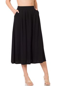 Comfortable A-line skirt that sits around mid calf length. Elegant pleated style with pockets! Fabric: 57% Polyester | 38% Rayon | 5% Spandex High Waist | Optionable Foldover Elastic Waistband | Stretchy waistband allows for comfort and stays up without rolling down Mid Calf Length | Flared Midi Swing Skirt| Pockets | High Waist Durable Material | Solid | Basic Essential | Flowy and perfect for your everyday basics Lay Flat Measurements:Small Waist: 22" | Length: 32" Skirt Pockets, Rainbow Fashion, Skirts Midi High Waisted, Everyday Basics, Black Midi Skirt, Pleated Midi Skirt, Small Waist, A Line Skirt, Mid Calf