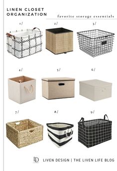 the linen closet organization guide is shown with baskets and bins in different colors, sizes and