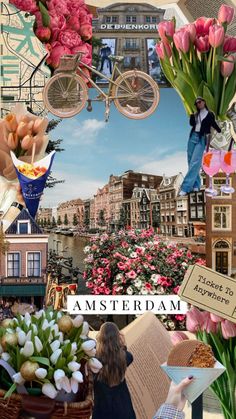 the collage shows flowers, buildings and people in different places with words that read amsterdam