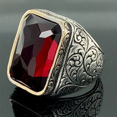 Luxury Polished Finish Men's Ruby Ring, Luxury Elegant Men's Ruby Ring, Collectible Red Engraved Ring, Red Engraved Ring For Formal Occasions, Red Engraved Ring For Formal, Engraved Red Ring Jewelry, Engraved Red Ring For Formal Events, Red Engraved Rings For Promise, Elegant Red Engraved Signet Ring