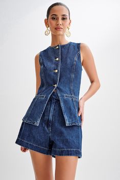 Abel Denim Button Up Top - Dark Blue Denim Blue Summer Vest With Buttons, Denim Blue Button Vest For Summer, Summer Denim Blue Vest With Buttons, Denim Blue Sleeveless Workwear Vest, Sleeveless Denim Blue Top For Work, Sleeveless Denim Top With Pockets For Work, Summer Workwear Denim Vest With Button Closure, Sleeveless Cotton Denim Top For Work, Dark Wash Sleeveless Denim Top For Work