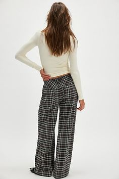 A perfectly plaid version of our Hudson Canyon Stripe Pants, this slouchy pair is featured in a high-rise fit and wide-leg style with a drawstring waistband. **Fit:** High-rise; wide, full-length legs **Features:** Soft cotton fabrication with wide plaid print throughout, adjustable drawstring waistband, pockets for hands, back-pocket detail **Why We ❤ It:** These billowy pants pair perfectly with your favorite tank and strappy sandals. | Hudson Canyon Pants by Free People in Black, Size: S Stripe Pants, Plaid Pants, Plaid Print, Striped Pants, Small Waist, Drawstring Waistband, Pocket Detail, Strappy Sandals, Boho Outfits