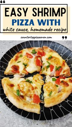 an easy shrimp pizza with white sauce, homemade cheese and pepperoni is on a black plate