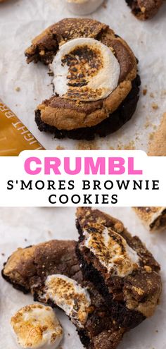 some cookies that have been cut in half and are sitting on top of paper with the words crumbl s'mores brownie cookies