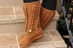 CROCHET PATTERN KnitLook Braid Stitch Long Boots by bonitapatterns, $4.50 Braid Stitch, Knit Projects, Crochet Boots, Crochet Socks, Crochet Motifs, Boot Cuffs, Crochet Shoes, Yarn Brands, How To Make Shoes