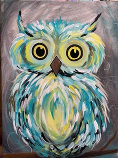 an owl painted on canvas with yellow eyes and blue feathers, sitting in front of a gray background