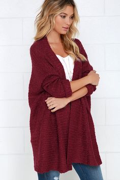 Cup of Cozy Wine Red Cardigan Sweaterat Lulus.com! Women Fall Outfits, Fashion Trends Fall, Red Cardigan Sweater, Fall 2015 Style, Apple Red, Red Cardigan, Matching Colors, Candy Apple, Tunic Tank Tops