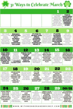 a green and white calendar with the words 31 ways to celebrate march