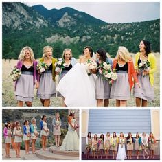 a collage of photos with bridesmaids and groomsmids in front of mountains