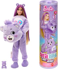 a barbie doll with a purple teddy bear outfit next to a tube of toothpaste