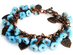 Flower Bracelet Glass Jewelry Charm Bracelet Statement Jewelry Blue Bracelet Bohemian Jewelry Copper Dazzling Jewelry, Czech Jewelry, Czech Glass Jewelry, Budgeting 101, Forget Me Not Flower, Beading Inspiration, Lucite Jewelry, Chic Gowns, Glass Beads Jewelry