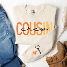 Custom Name Cousins Crew Fall Sweatshirt Custom Name on Sleeve Cousins Crew Sweatshirt Custom Name Cousin Crew Shirts Cousins Crew Hoodie Great item for that special someone or for yourself! Please contact me below if you have any questions! Details: Shirt (Gildan 5000) -  - 100% cotton (fiber content may vary for different colors) - Medium fabric  - Classic fit - Tear-away label - Runs true to size Sweater (Gildan 18000)-  - 50% cotton, 50% polyester - Medium-heavy fabric (8.0 oz/yd² (271.25 g/m - Loose fit - Sewn-in label - Runs true to size Cousin Crew Shirts, Cousin Crew, Fall Sweatshirt, Crew Shirt, Crew Sweatshirts, Christmas Cheer, Sew-in Labels, Cricut Projects, Heavy Fabric