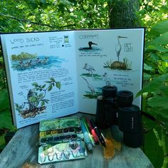 an open book sitting on top of a wooden table next to a pair of binoculars