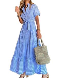 PRICES MAY VARY. Material: Womens maxi dress is made of durable 100% polyester, soft and comfortable, wash machine and hand wash safe. Women's striped shirt dress features that lapel, button down, short sleeve, pockets, striped, baggy fit, midi dress. Occasion: Women's striped midi dress is suitable for casual,beach, party, club, outdoor, work, office, school, travel,vocation or daily wear. Women's summer striped dress is matching with high heels, sneakers, board shoes, sandals and other shoes y Robes Glamour, Estilo Fitness, Loose Midi Dress, Backless Evening Dress, A Line Maxi Dress, Marine Uniform, Stripped Dress, Short Sleeve Maxi Dresses, Maxi Robes