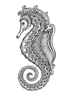 a seahorse with intricate patterns on it's body and tail, drawn in black ink