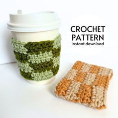 crochet coffee cup cozyie next to a knitted coaster