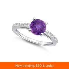 in stock Fine Jewelry Purple Rings With Brilliant Cut, Amethyst Promise Ring With Brilliant Cut Diamond, Amethyst Promise Ring With Brilliant Cut, Purple Diamond Birthstone Ring With Round Cut, Fine Jewelry Purple Birthstone Ring With Diamond Accents, Purple Birthstone Ring With Diamond Accents, Classic Purple Diamond Birthstone Ring, Diamond Solitaire Amethyst Ring, Purple Diamond Birthstone Ring With Center Stone