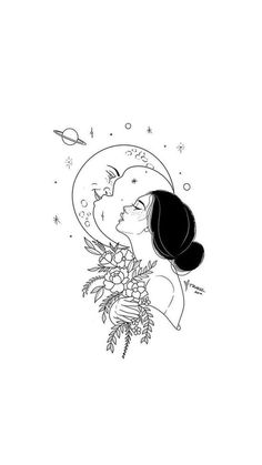 a black and white drawing of a couple kissing on the moon with stars in the background