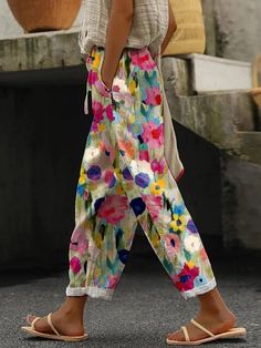 Buy Inexpensive Pants at Zolucky online store, SPU: 2941QPA2O4EF6, Color: Multicolor, Activity:Daily, Silhouette:H-Line. Colorful Sweatpants, Casual Linen Pants, Sweatpants With Pockets, Printed Sweatpants, Womens Dress Suits, Linen Casual, Estilo Chic, Andalusia, Type Of Pants