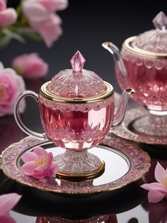 pink glass tea set sitting on top of a table