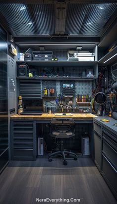 a workbench with lots of tools and other items on the desk in front of it