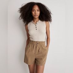 Madewell Pull On Paper Bag Shorts In An Olive Color, Size Large, Nwt. Made Of Our Softdrape Tencel Modal Blend, These Lightweight Seamed Shorts Have A Pull-On Drawstring Paperbag Waist. Add The Matching Blazer For A Suit Vibe. Front Rise: 13"; Inseam: 3 1/2". 85% Tencel Modal/15% Polyester. Do Well: Tencel Modal Fibers Are Derived From Sustainable Wood Sources Using Renewable Energy And Recycled Chemicals. Machine Wash. Beige Paperbag Waist Shorts For Workwear, Versatile Beige Shorts, High Waist Beige Shorts For Daywear, Beige High Waist Shorts For Daywear, Long Denim Shorts, Paperbag Shorts, Paper Bag Shorts, Mom Jeans Shorts, High Rise Denim Shorts