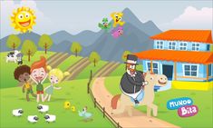 an animated image of children playing in the yard with farm animals, and a man on a horse