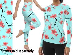 Sakura Floral Cherry Blossoms workout spandex pants, long sleeve rash guard shirt for active women. (Items Sold Separately).  Very soft, smooth, stretchable and comfortable premium quality yoga and regular leggings, capris and shorts. Great for running, cycling, exercise, jogging, fitness, or as a comfortable everyday wear. Rash guard is perfect for surfing. Flowers pattern. Make a great gift! Items are made from premium quality silky smooth, soft and comfortable fabric which is stretchy, light, Spring Activewear, Spandex Pants, Workout Outfits, Leggings Women, Yoga Capris, Sports Apparel, Yoga Shorts, Active Women, Cherry Blossoms