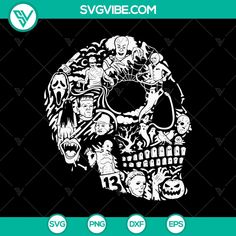 a black and white skull with various halloween images on it's face, in the middle