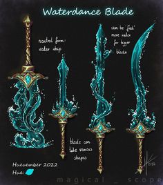 three different types of swords with blue water on them