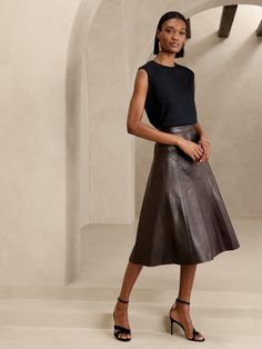 Rivina Leather Midi Skirt | Banana Republic Brown Leather Skirt, Godet Skirt, Wardrobe Consultant, Business Skirt, Long Denim Skirt, Leather Midi Skirt, Maxi Styles, Stunning Outfits, Skirt Outfits