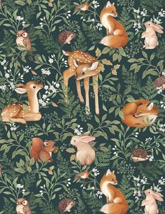 an animal themed wallpaper with deers and pine cones on the ground, surrounded by foliage