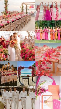 a collage of photos with pink and orange flowers on the table, bride and groom