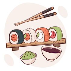 sushi on a wooden shelf with chopsticks and sauce