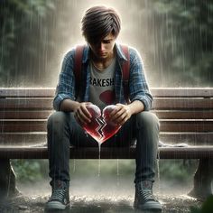 a young man sitting on a bench in the rain holding a heart shaped box with it's hands