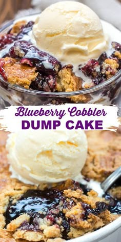 blueberry cobbler dump cake in a bowl with ice cream on top and the words, blueberry cobbler dump cake above it