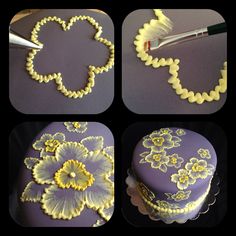 four pictures of yellow and white flowers on a purple cake with ribbon around the edges