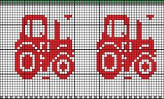 a cross stitch pattern with two red trucks