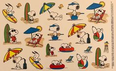 an image of peanuts on the beach with umbrellas and surfboards in various positions