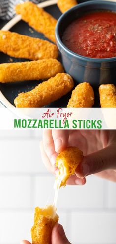 there is a person dipping sauce on some fried food sticks in a blue bowl and another hand holding a piece of cheese stick