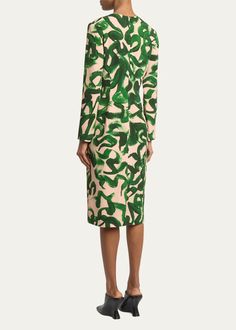 Dries Van Noten Delavina Printed Midi Dress - Bergdorf Goodman Fitted Abstract Print Midi Dress For Evening, Evening Fitted Midi Dress With Abstract Print, Fitted Silk Printed Dress, Fitted Evening Midi Dress With Abstract Print, Elegant Workwear Dresses With Abstract Print, Green Fitted Dress With Abstract Print, Fitted Green Dress With Abstract Print, Fitted Printed Midi Dress For Evening, Formal Fitted Printed Midi Dress