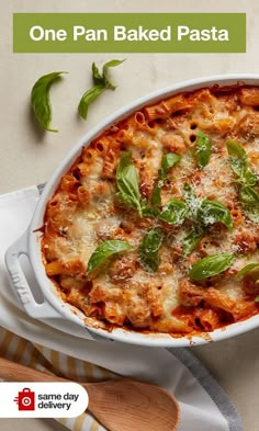 one pan baked pasta with basil and cheese