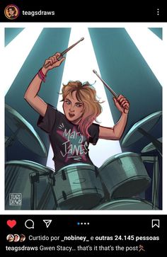 a drawing of a woman playing drums with her hands on the drumsticks, while she's wearing a t - shirt that says mad jane