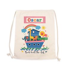 For a gift you little one will love wearing come rain or shine, get them this super cute and beautifully designed Personalised Kid's Noah's Ark Cotton PE Kit Bag. The perfect birthday, Christmas or back to school gift for a sport loving child. Designed to handle the rigours of school life, this beautiful cotton PE bag has plenty of space for all your little one’s PE essentials, like kit, shoes and a water bottle. Not only can this drawstring bag carry your PE kit with ease, but it's versatile too. It can be used as a book bag, overnight bag (for those fun sleepovers) or why not take it out on a day trip! Your little one’s name will be placed in colourful letters above the colourful Noah's Ark design by our expert personalisation team, who will add a touch of individuality and personality t Back To School Gift Cotton Canvas Bag, Playful Personalized Blue Bag, Playful School Bag With Character Print, Multicolor School Bag With Character Print, Swimming Kit, Wooden Noah’s Ark, Swim Bag, Pe Bags, Swimming Bag