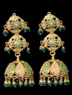 Ready to ship jhumka  made using shell  pearls and 22carat gold plating  length 3 inch Heavy Green Kundan Chandbalis, Elegant Green Jhumkas With Zari Work, Green Cutdana Chandbalis For Diwali, Green Kundan Chandbalis For Festivals, Festive Green Kundan Chandbalis, Green Chandbali Danglers Temple Jewelry, Green Chandbali Danglers In Temple Jewelry Style, Festive Green Kundan Danglers, Green Temple Jewelry Chandbalis With Stone Work