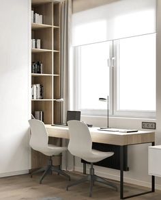 a desk with two chairs and a book shelf in front of the window is shown