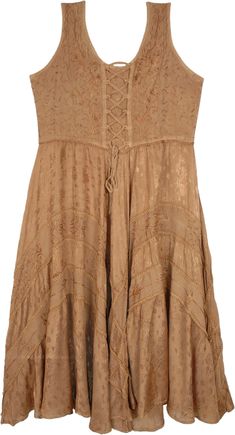 An all-season sleeveless tank dress in a vintage bohemian tan brown color with heavy embroidery.  With a simple scooped neck and tie-ups at the front, it is quite comfortable to wear. #tlb #Sleeveless #Embroidered #Lace #MedievalDress #RenaissanceDress #WesternDress Peasant Style Sleeveless Summer Dress, Peasant Sleeveless Dresses For Spring, Sleeveless Peasant Summer Dress, Sleeveless Peasant Dress For Spring, Spring Sleeveless Peasant Dress, Summer Sleeveless Peasant Dress, Brown Peasant Summer Dress, Hippie Sleeveless Brown Dress, Brown Sleeveless Bohemian Dress