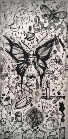 a black and white drawing of a butterfly surrounded by other things on the wall,