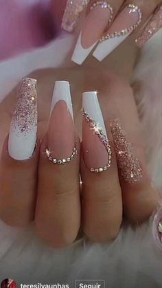 Wedding Coffin Acrylic Nails, Classy Nails With Rhinestones, Elegant Nails Classy Coffin, Ongles Bling Bling, Nails Design With Rhinestones, Acrylic Nails Coffin Pink, Acrylic Nails Coffin Short, Nail Designs Glitter